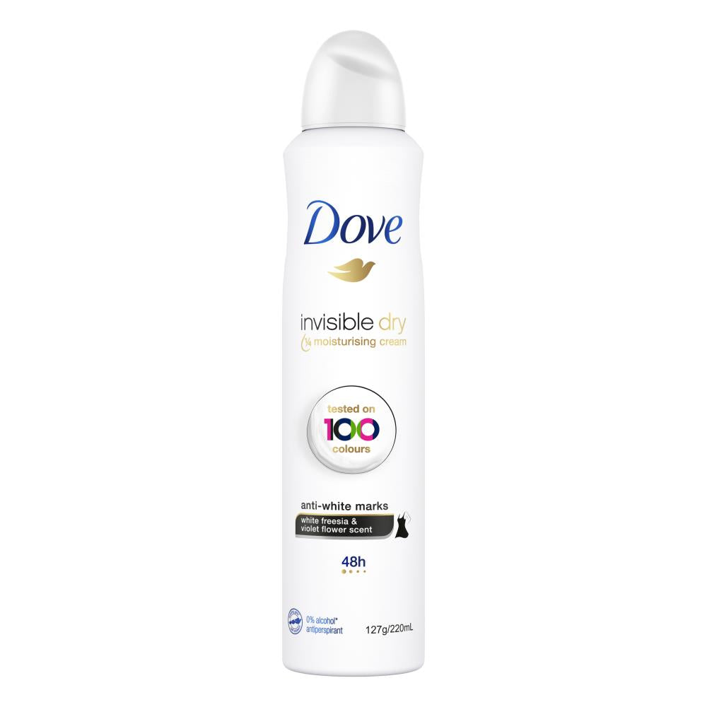 DOVE 127g / 220ml ANTIPERSPIRANT INVISIBLE DRY ANTI WHITE MARKS WHITE FREESIA AND VIOLET FLOWER SCENT (6 x Pack)