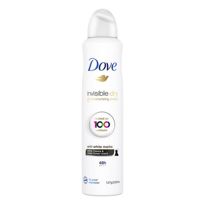 DOVE 127g / 220ml ANTIPERSPIRANT INVISIBLE DRY ANTI WHITE MARKS WHITE FREESIA AND VIOLET FLOWER SCENT (6 x Pack)