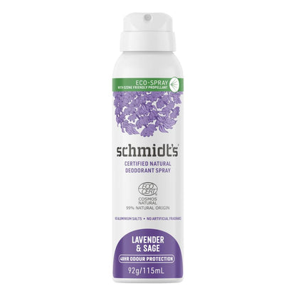 SCHMIDTS 92g / 115ml DEODORANT SPRAY CERTIFIED NATURAL 48HR ODOUR PROTECTION LAVENDER AND SAGE (6x Pack)