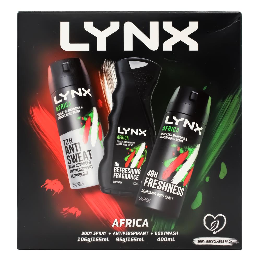 Lynx Gift Set Africa Trio 106g / 165ml Bodyspray 95g / 165ml Antiperspirant 400<ml Bodywash (8x Pack)