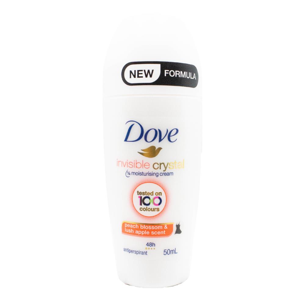 DOVE 50mL ANTIPERSPIRANT INVISIBLE CRYSTAL 1/4 MOISTURISING CREAM 48H PEACH BLOSSOM AND LUSH APPLE SCENT (6x Pack)
