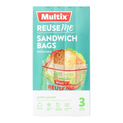 Multix Pk3 Reuseme Sandwich Bags Resealable 18.5cm X 17cm (7x Pack)