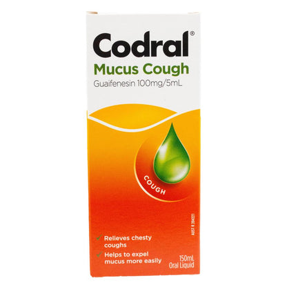 CODRAL 150mL ORAL LIQUID FOR MUCUS COUGH GUAIFENSIN 100mg / 5mL (24x Pack)