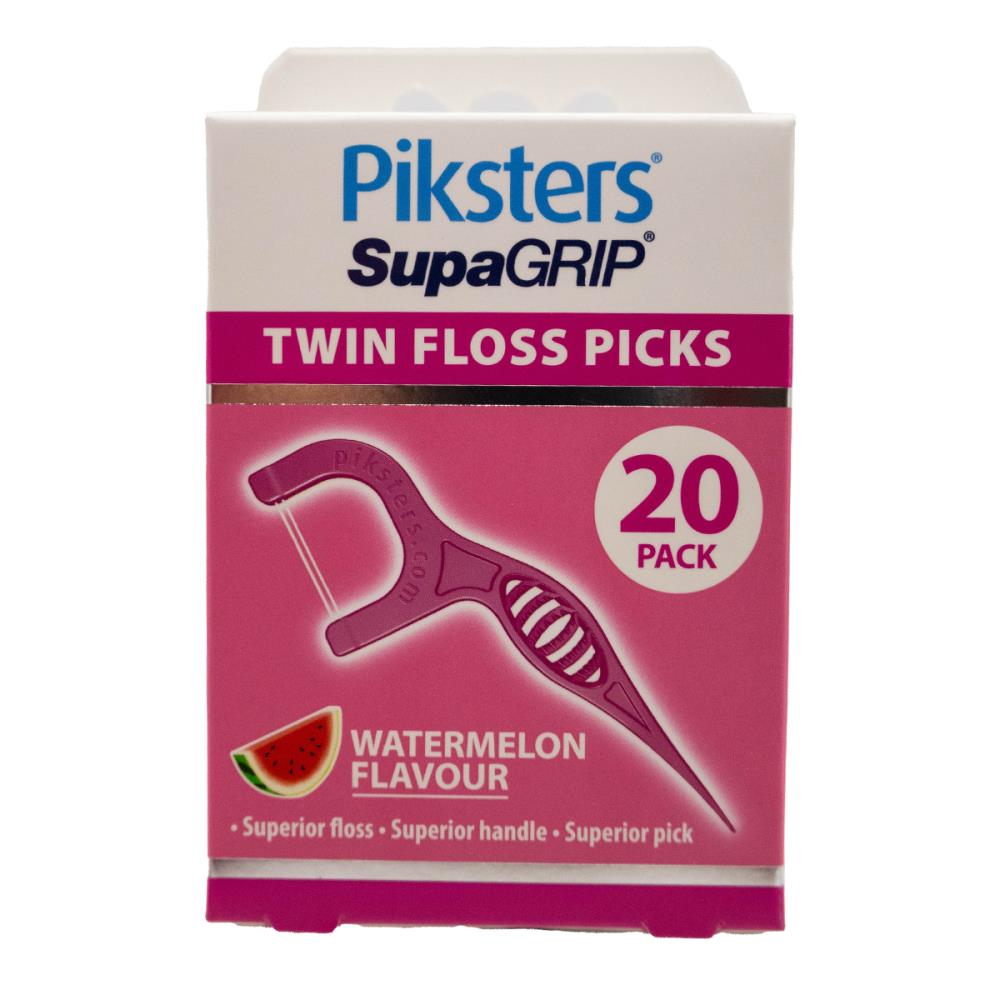 Piksters PK20 Twin Floss Picks Supa Grip Watermelon Flavour (6 Pack)