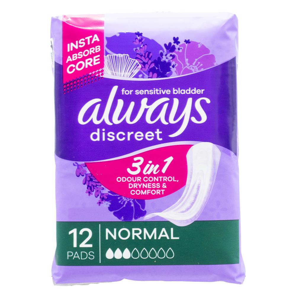 Always Pads Discreet for Sensitive Bladder 3 in 1 Odour Control Dryness and Comfort Normal 4 X 12pk (Value Pack 48)