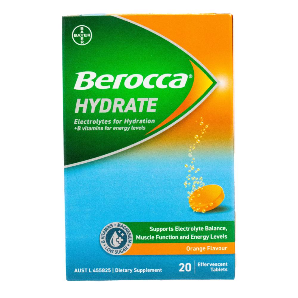 BEROCCA PK20 EFFERVESCENT TABLETS ELECTROLYTES FOR HYDRATION B VITAMINS FOR ENERGY LEVELS HYDRATE ORANGE FLAVOUR (5x Pack)